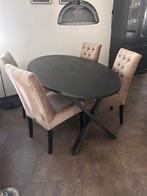 Moderne eethoek met ovale tafel en gestoffeerde stoelen, Ophalen of Verzenden, Zo goed als nieuw, 4 tot 6 stoelen