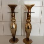 Twee hoge glazen kandelaars, Overige materialen, Gebruikt, 25 tot 50 cm, Ophalen of Verzenden