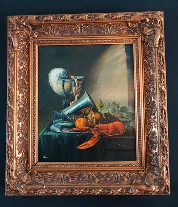 Klassiek schilderij stilleven van een Nautilus cup en kreeft beschikbaar voor biedingen