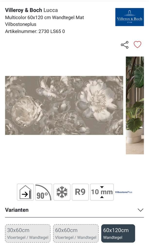 Villeroy & Boch Lucca 2 tegels met bloemen motief, Doe-het-zelf en Verbouw, Tegels, Nieuw, Wandtegels, Keramiek, 60 cm of meer