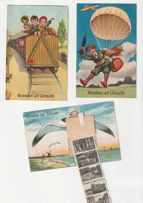 3 klepjeskaarten groeten uit Utrecht trein meeuw parachute, Verzamelen, Ansichtkaarten | Nederland, Gelopen, Utrecht, 1920 tot 1940