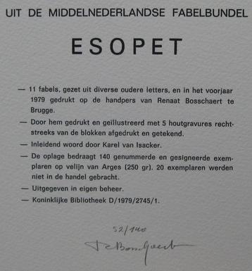 fabelbundel Esopet, 11 fabels met 5 houtgravures gesigneerd beschikbaar voor biedingen