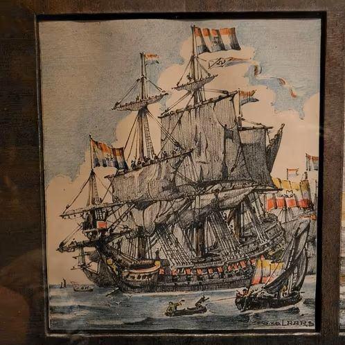 3 x schepen in oude lijst, Antiek en Kunst, Kunst | Schilderijen | Klassiek, Ophalen of Verzenden