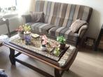 Bruin taupe met blauw banksel + fauteuil, Gebruikt, Tweepersoons, Ophalen of Verzenden, Rechte bank