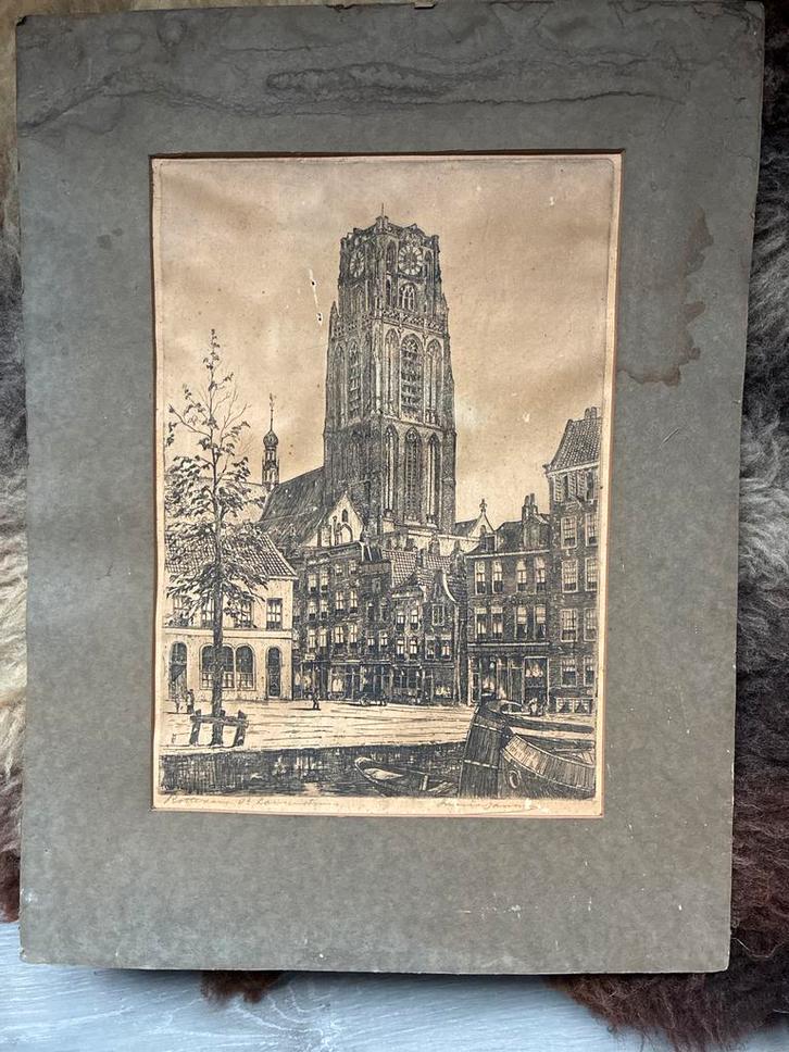 Ets Laurens Toren Rotterdam - Marius Jansen, Antiek en Kunst, Kunst | Etsen en Gravures, Ophalen of Verzenden