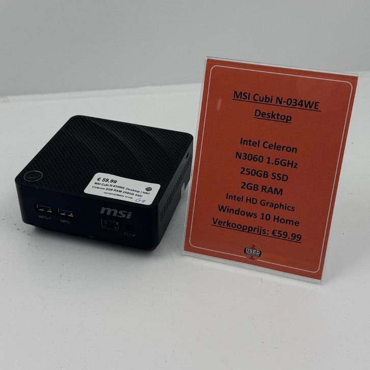 MSI Cubi N-034WE Desktop | Intel Celeron 2GB RAM 250GB SSD, Computers en Software, Desktop Pc's, Zo goed als nieuw, Minder dan 2 Ghz
