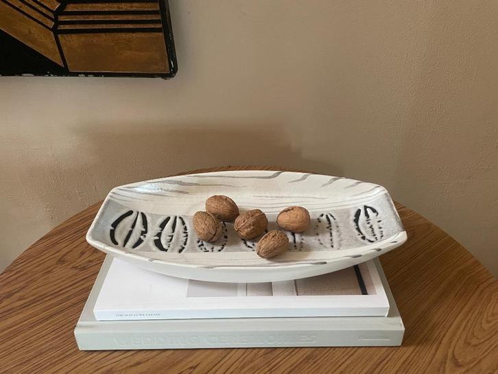 VTG Ovale Raku-Gestookte Schaal Geometrische Design Bauhaus, Hobby en Vrije tijd, Pottenbakken, Gebruikt, Ophalen of Verzenden