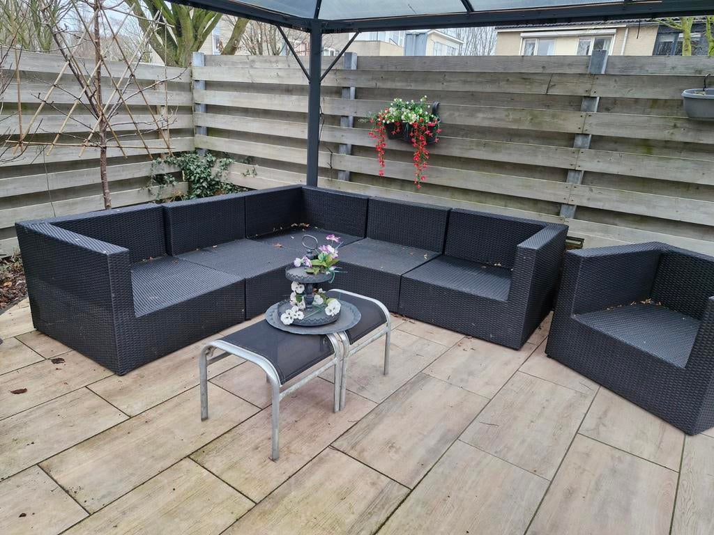 Mooie loungeset  zwart wicker met kussens (losse hoezen), Tuin en Terras, Ophalen, Zo goed als nieuw, Wicker, Stoel