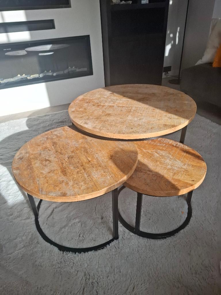 3-delige houten Tafeltjesset (ruw mangohout), Huis en Inrichting, Tafels | Salontafels, Ophalen, Overige materialen, Gebruikt