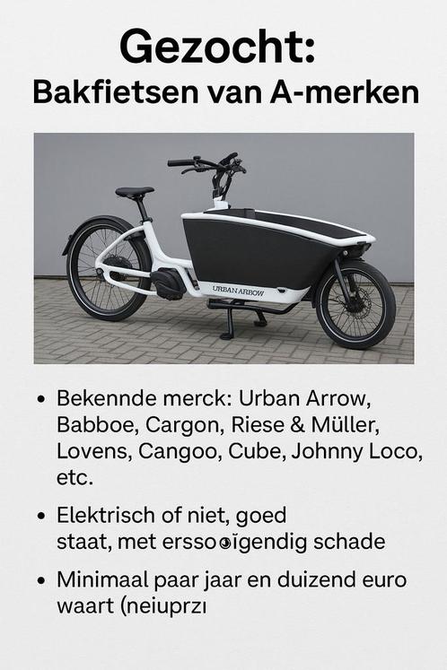Gezocht bakfietsen a merken, Fietsen en Brommers, Fietsen | Bakfietsen, Zo goed als nieuw, 4 kinderen of meer, Elektrisch, Ophalen of Verzenden