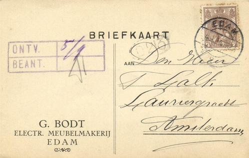 G. Bodt, Electr. Meubelmakerij, Edam - 09.1924 - briefkaart, Postzegels en Munten, Brieven en Enveloppen | Nederland, Briefkaart