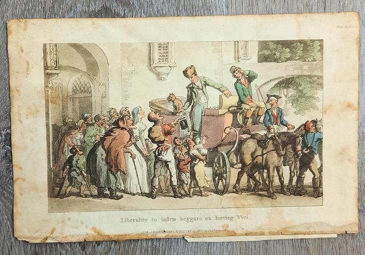 Aquatint 1817 Liberality to infirm beggars on leaving Yvri, Antiek en Kunst, Kunst | Etsen en Gravures, Ophalen of Verzenden