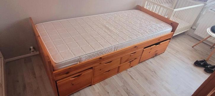 Grenen puber/tiener bed met bergladen/kisten  en matras., Huis en Inrichting, Slaapkamer | Bedden, Gebruikt, Eenpersoons, 90 cm