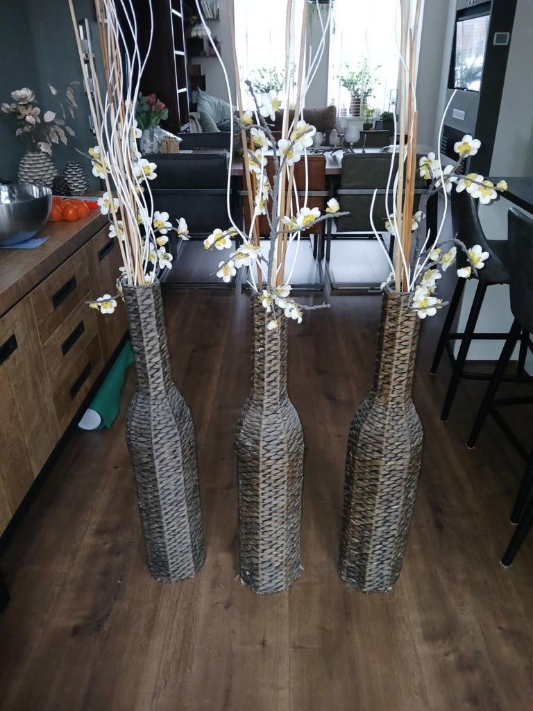Rotan vazen met decoratie - 90 cm hoog - Set van 3, Ophalen, Overige materialen, Overige kleuren, Zo goed als nieuw