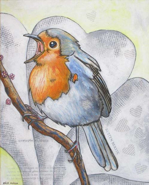 Schilderij van een fluitend Roodborstje, Antiek en Kunst, Kunst | Schilderijen | Modern, Ophalen of Verzenden