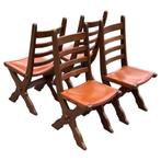 Vintage set van vier brutalist eetkamerstoelen eiken, Gebruikt, Bruin, Vintage, Vier