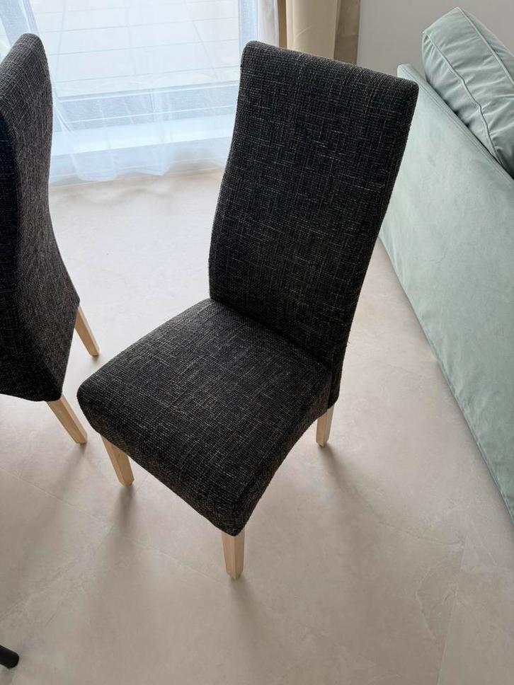 4 eetkamerstoelen, Huis en Inrichting, Stoelen, Gebruikt, Vier, Hout, Stof, Overige materialen, Grijs, Ophalen