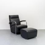 1x Leolux Scylla Fauteuil Hoge Rug Zwart Leer + Hocker