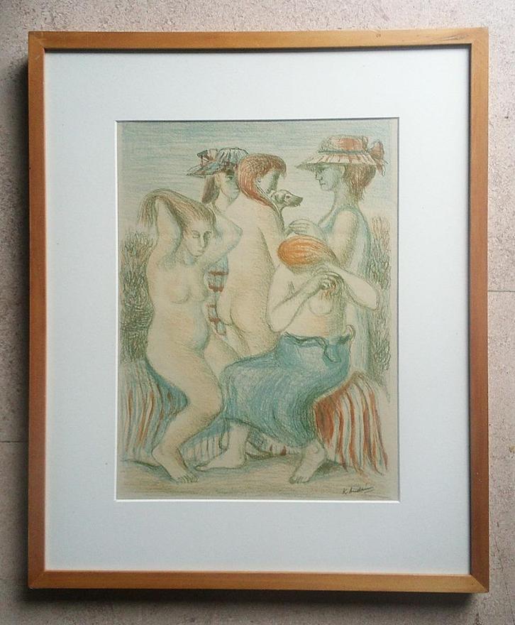 De baadsters en een hond 1947 - Kees Andrea, Antiek en Kunst, Kunst | Litho's en Zeefdrukken, Ophalen of Verzenden