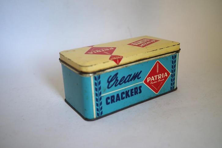 Vintage blik Patria cream crackers De enige echte blauw geel, Verzamelen, Blikken, Gebruikt, Overige, Overige merken, Ophalen of Verzenden