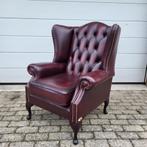Chesterfield fauteuil, oorfauteuil in oxblood rood leer., Huis en Inrichting, Fauteuils, Ophalen, Gebruikt, 75 tot 100 cm, Leer