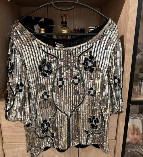 Zilveren uniek, downtown Abby, Vintage 100% zijden, Kleding | Dames, Blouses en Tunieken, Ophalen of Verzenden