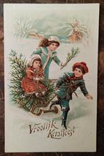 Antieke reliëf kerst ansichtkaart kinderen kerstboom slee, Ophalen of Verzenden, Voor 1920, Kinderen