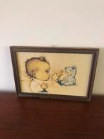 Vintage Baby Schilderij met Teddybeer Ingelijst Hout, Ophalen of Verzenden