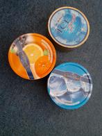 3 metalen TROMMELTJES hoogte 4 cm doorsnee 9,5 cm, Ophalen of Verzenden, Zo goed als nieuw