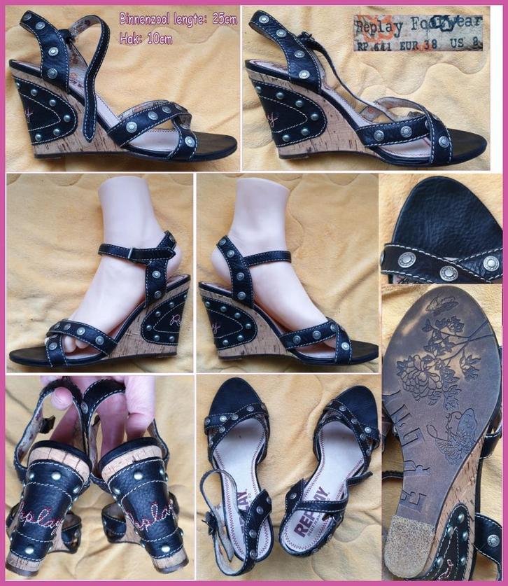 REPLAY zwarte leren sandalen met sleehak maat 38 zgan, Kleding | Dames, Schoenen, Zo goed als nieuw, Sandalen of Muiltjes, Zwart