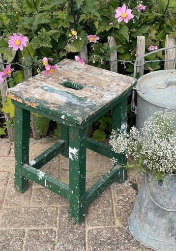 Brocante oude houten kruk / krukje boeren groen beschikbaar voor biedingen