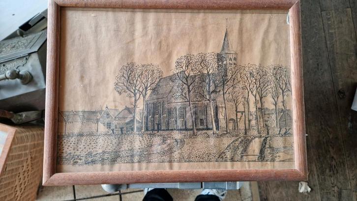 Pentekening Ned. Herv. Kerk Zwartewaal, P. Hoekman, Antiek en Kunst, Kunst | Tekeningen en Foto's, Ophalen