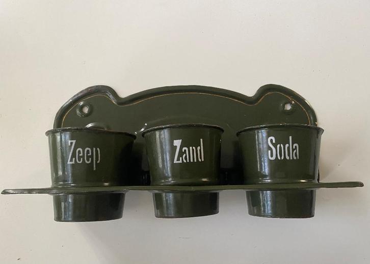 Zand, zeep en soda emaille keukenrekje vintage donkergroen, Antiek en Kunst, Curiosa en Brocante, Ophalen of Verzenden