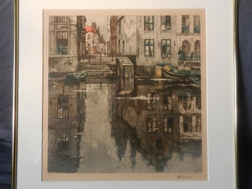 Ets Stadsgezicht Damrak Amsterdam Henri Cassiers 1932 39x38, Antiek en Kunst, Kunst | Etsen en Gravures, Ophalen of Verzenden