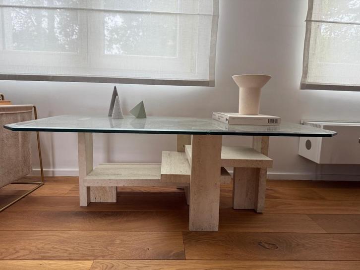 Willy Ballez, architecturale salontafel in travertijn, Huis en Inrichting, Tafels | Salontafels, Gebruikt, Minder dan 50 cm, 50 tot 100 cm