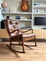 Vintage massiefhouten schommelstoel – bruin leer, Antiek en Kunst, Ophalen