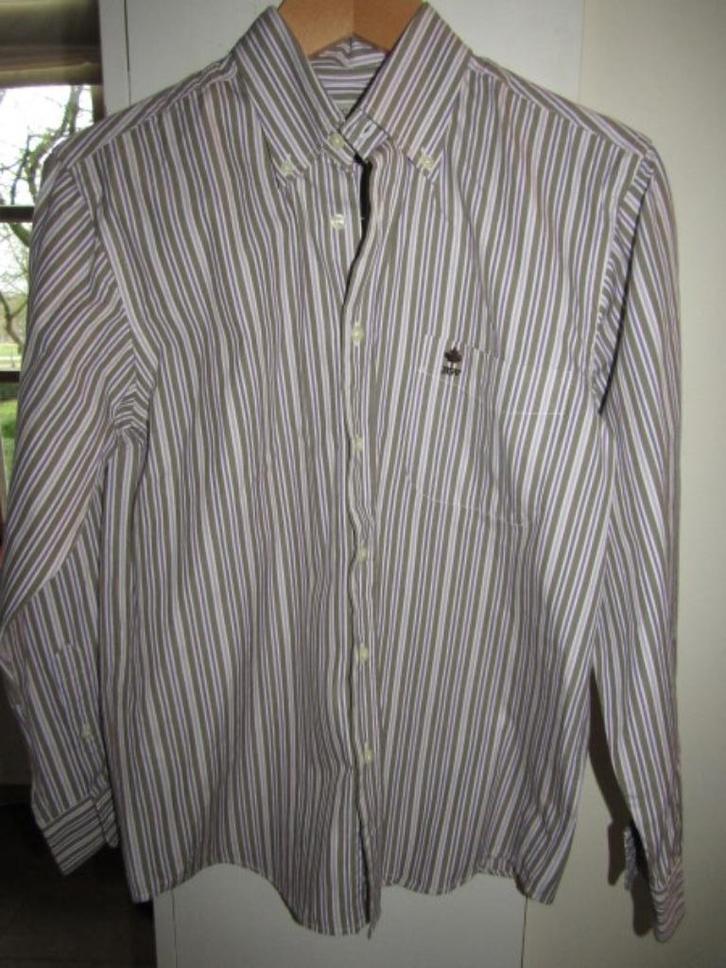 E1006 River Woods mt 14 (S) overhemd beige lila streep, Kleding | Heren, Overhemden, Zo goed als nieuw, Halswijdte 38 (S) of kleiner
