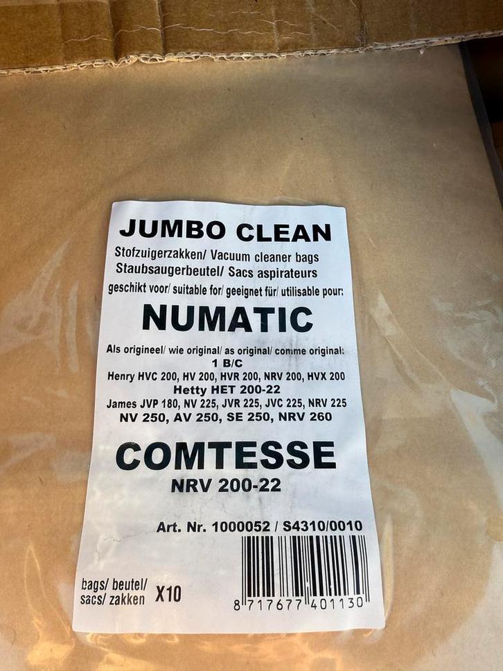 Numatic Stofzuigerzakken - Jumbo Clean X10 20 pakken !!, Witgoed en Apparatuur, Stofzuigers, Nieuw, Stofzuiger, Stofzak, Ophalen of Verzenden