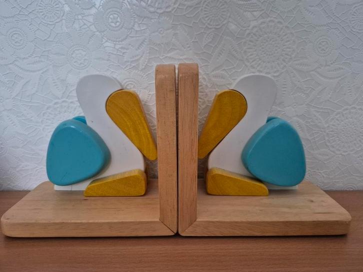 Retro vintage houten boekensteunen pelikaan, Antiek en Kunst, Curiosa en Brocante, Ophalen of Verzenden