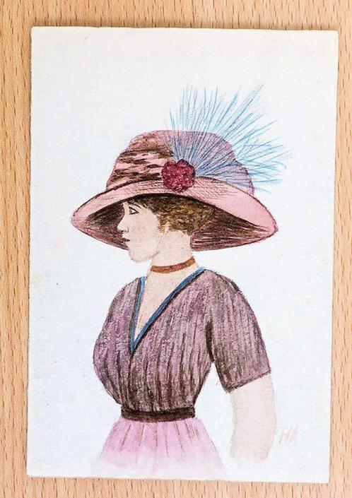 A379 H. ABAHOUNI ca. 1920 Tekening Dame met hoed en veer, Antiek en Kunst, Kunst | Tekeningen en Foto's, Ophalen of Verzenden