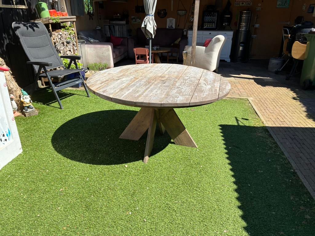 Steigerhouten ronde tafel 140 cm, Ophalen, Gebruikt, Rond, Hout