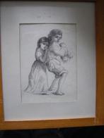 prent antiek, Twee kinderen, ingelijst achter glas 23x28 cm, Ophalen of Verzenden, Gebruikt