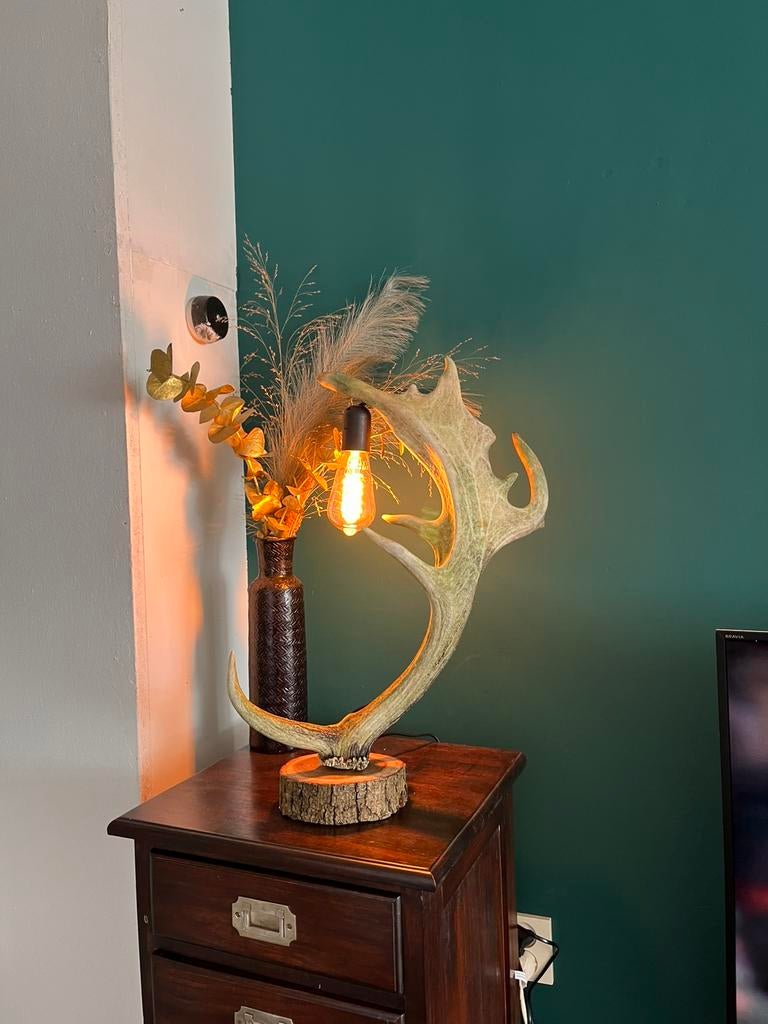 Unieke hertengewei lamp – echt gewei – sfeervol, Huis en Inrichting, Lampen | Tafellampen, Zo goed als nieuw, 50 tot 75 cm, Ophalen of Verzenden