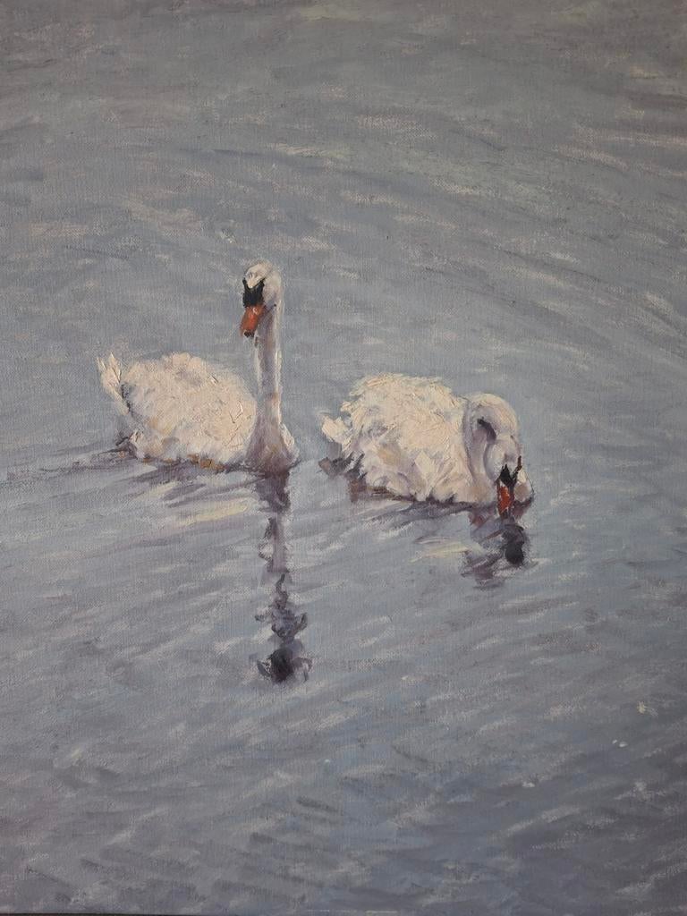 Olieverf schilderij Chris van Dijk (1952) " Twee Zwanen", Ophalen of Verzenden