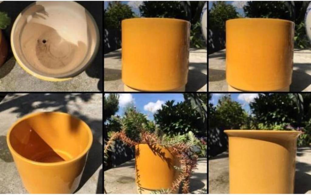 Vintage gele groene blauwe keramische bloempotten uniek, Tuin en Terras, Rond, Binnen, Ophalen of Verzenden, Zo goed als nieuw