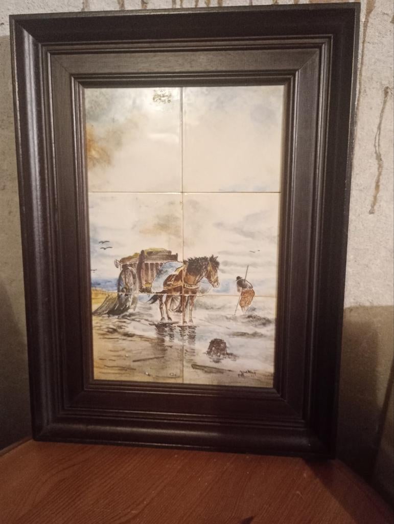 Antiek tegel tableau schelpenvisser, Ophalen of Verzenden