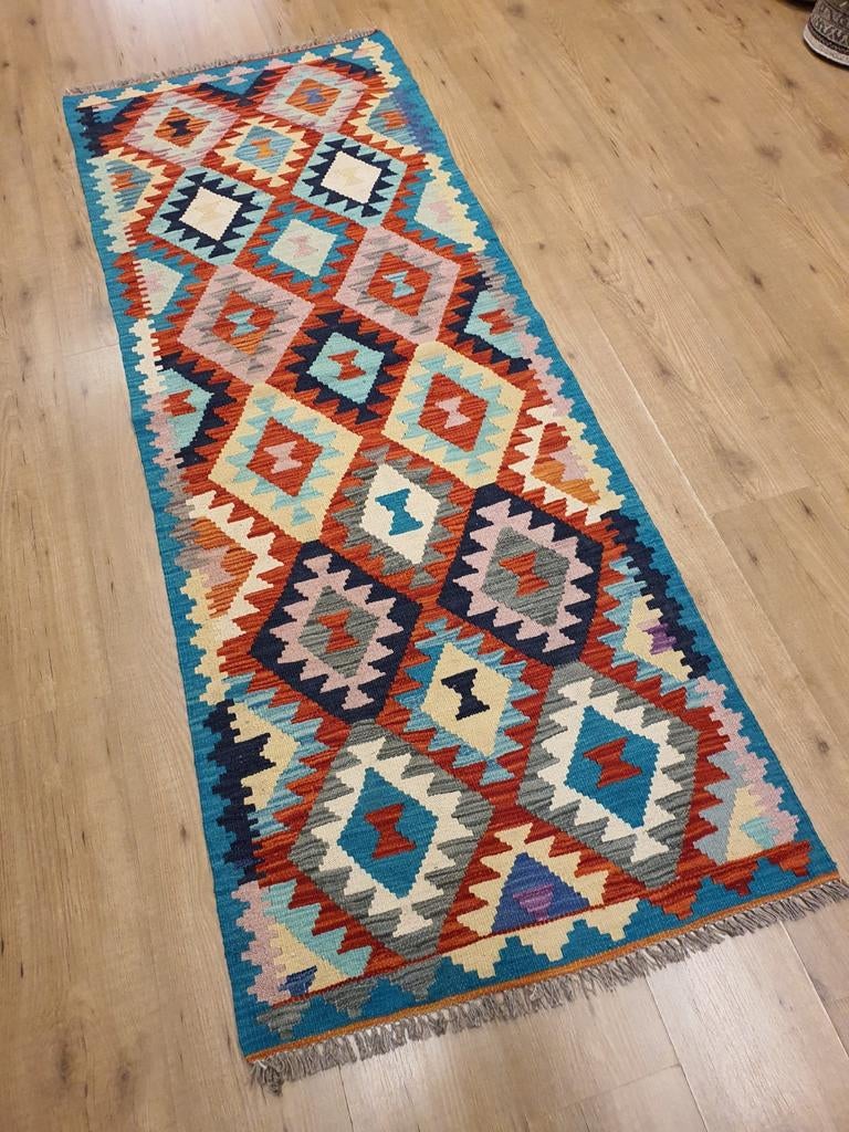 Handgeweven oosterse wollen kelim loper 200x76, Huis en Inrichting, Info@SlatsAntiek.nl, Crème, Vof Slats Antiek, Kelim