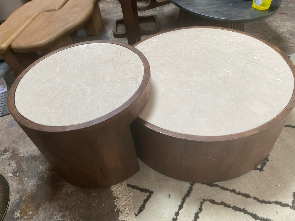 Salontafel set beige marmer / mango hout, Huis en Inrichting, Tafels | Salontafels, Ophalen, 50 tot 100 cm, Rond, Nieuw