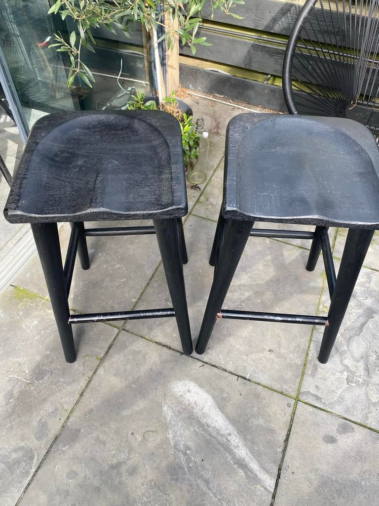 Set van 2 zwarte halfhoge barkrukken, Huis en Inrichting, Barkrukken, Gebruikt, Met voetsteun, 60 tot 90 cm, Ophalen of Verzenden