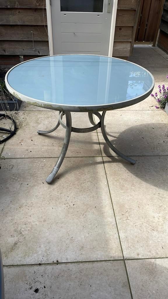 Tuintafel met glasplaat, Tuin en Terras, Tuintafels, Ophalen, Gebruikt, Rond, Aluminium